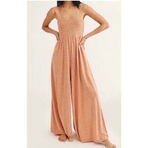 Free People FP Beach Homecoming Wide Leg Linen Blend Jumpsuit in Orange, S